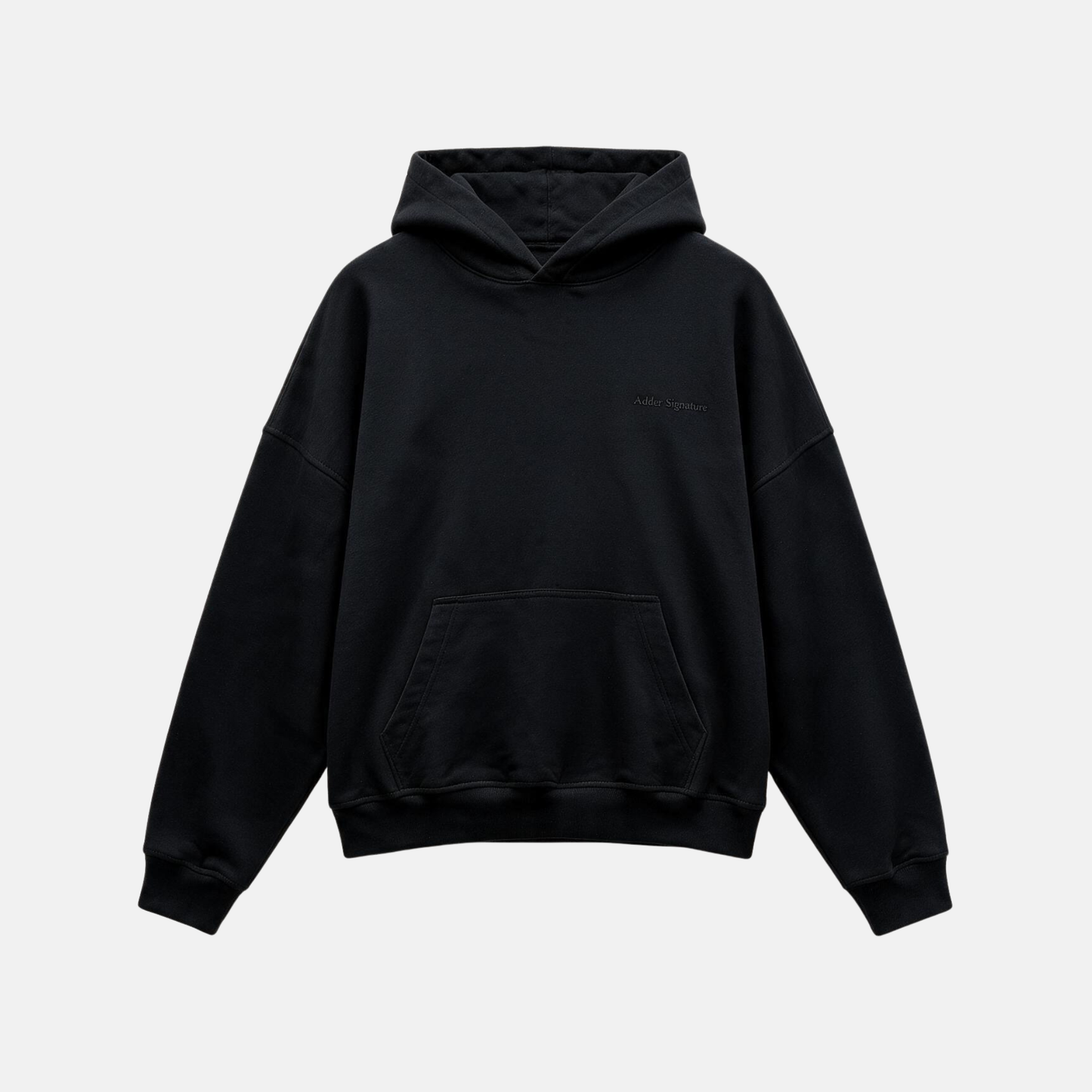 Black Hoodie with a tonal "SIGNATURE" print on the back and an oversize.
