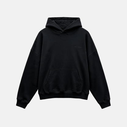 Black Hoodie with a tonal "SIGNATURE" print on the back and an oversize.
