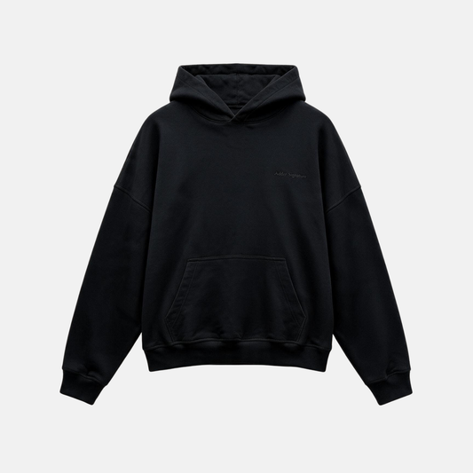 Black Hoodie with a tonal "SIGNATURE" print on the back and an oversize.