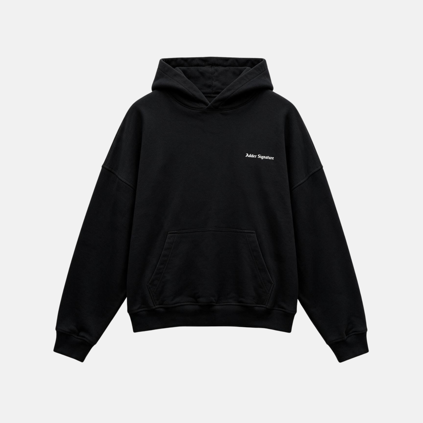 Black hoodie featuring a matching white "SIGNATURE"
