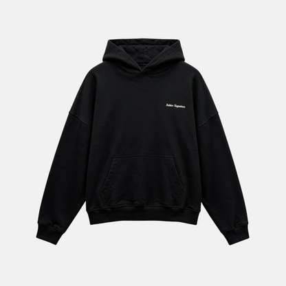 Black hoodie featuring a matching white "SIGNATURE"