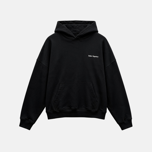 Black hoodie featuring a matching white "SIGNATURE"