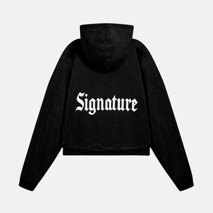 Black hoodie featuring a matching white "SIGNATURE"