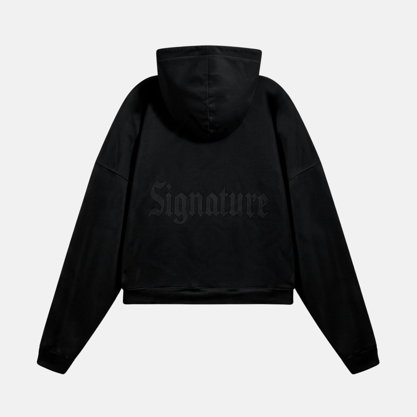 Black Hoodie with a tonal "SIGNATURE" print on the back and an oversize.