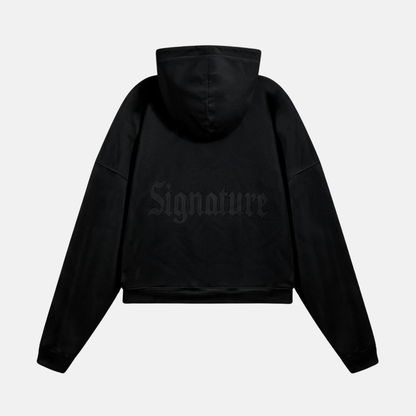 Black Hoodie with a tonal "SIGNATURE" print on the back and an oversize.
